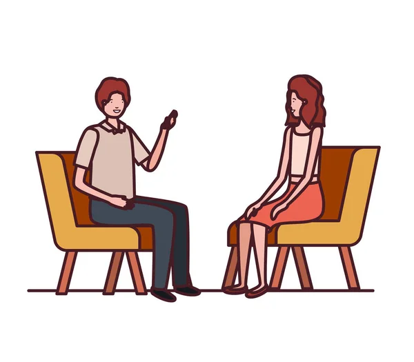 Casal com sentado em cadeira no fundo branco — Vetor de Stock