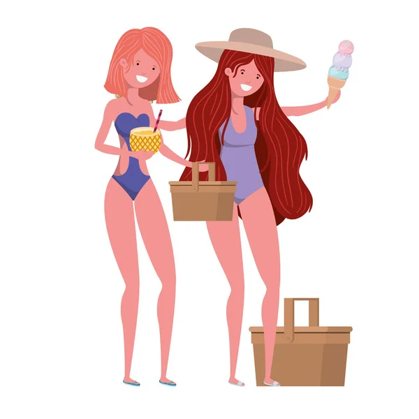 Femmes avec maillot de bain et cocktail d'ananas — Image vectorielle