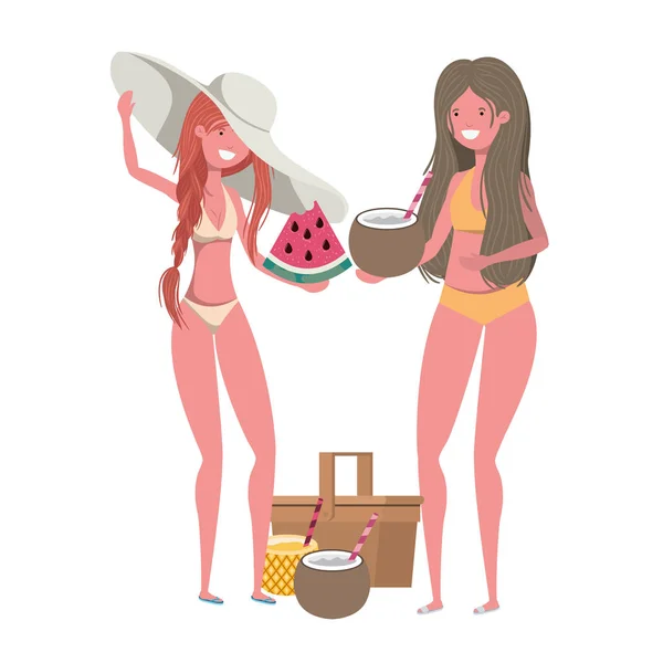 Mujeres con traje de baño y frutas tropicales en la mano — Vector de stock