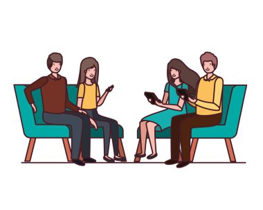 beyaz arka plan üzerinde sandalyelerde oturan insanların bir grup