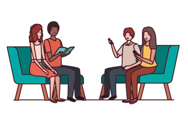 beyaz arka plan üzerinde sandalyelerde oturan insanların bir grup