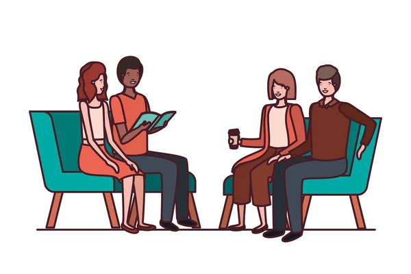 Grupp av personer med sittande i stolar på vit bakgrund — Stock vektor