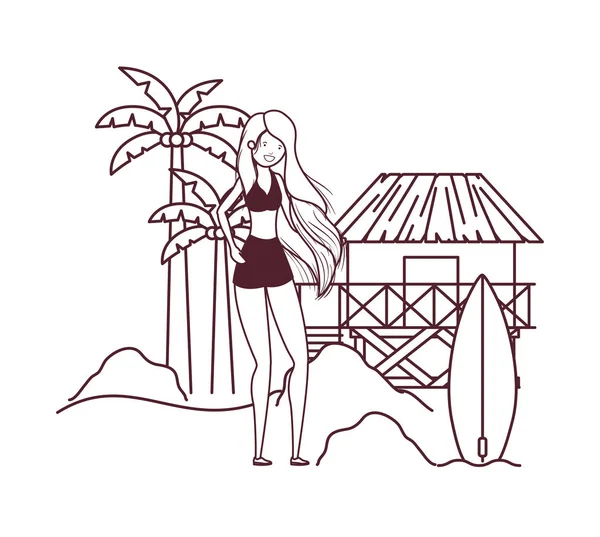 Mujer con traje de baño en la playa y casa de madera — Vector de stock