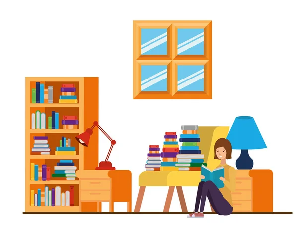 Femme avec livre dans les mains dans le salon — Image vectorielle