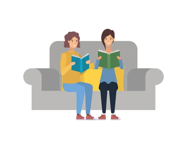 Couple sitting on chair with book in hands — Stock Vector