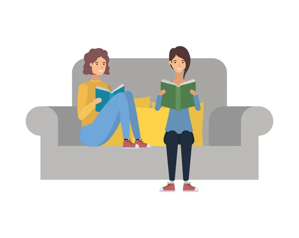 Couple sitting on chair with book in hands — Stock Vector