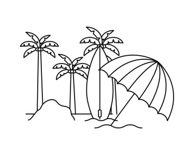 beyaz arka planda sörf tahtası ile palmiye ağacının silueti