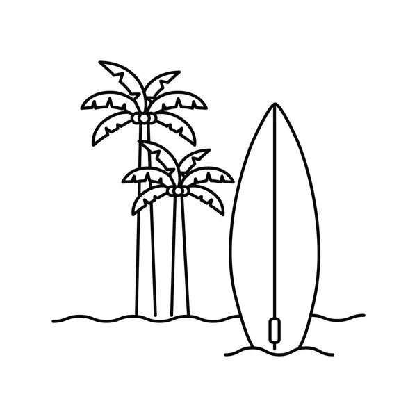 Silhouet van palmboom met surfplank in witte achtergrond — Stockvector