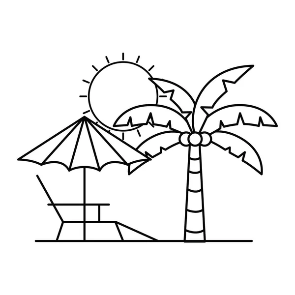 Silhouet van palmboom met strand paraplu gestreept — Stockvector