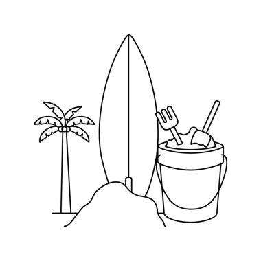 beyaz arka planda sörf tahtası ile palmiye ağacının silueti