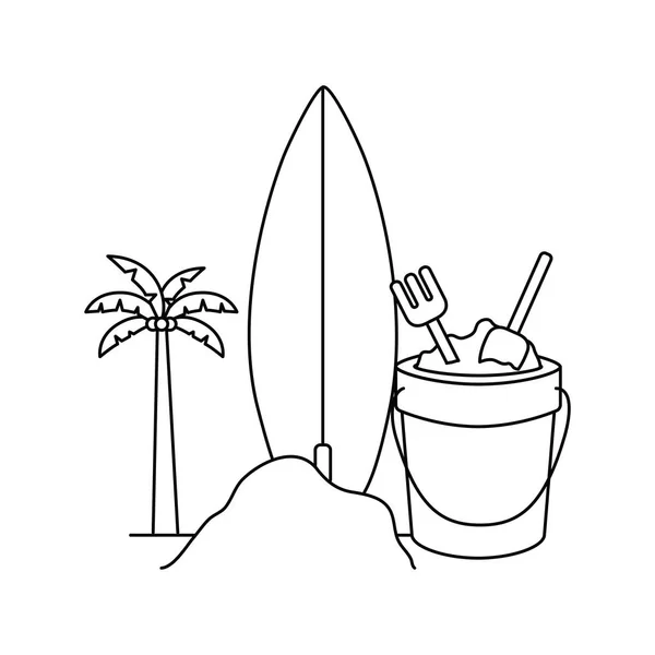 Silueta de palmera con tabla de surf en fondo blanco — Vector de stock