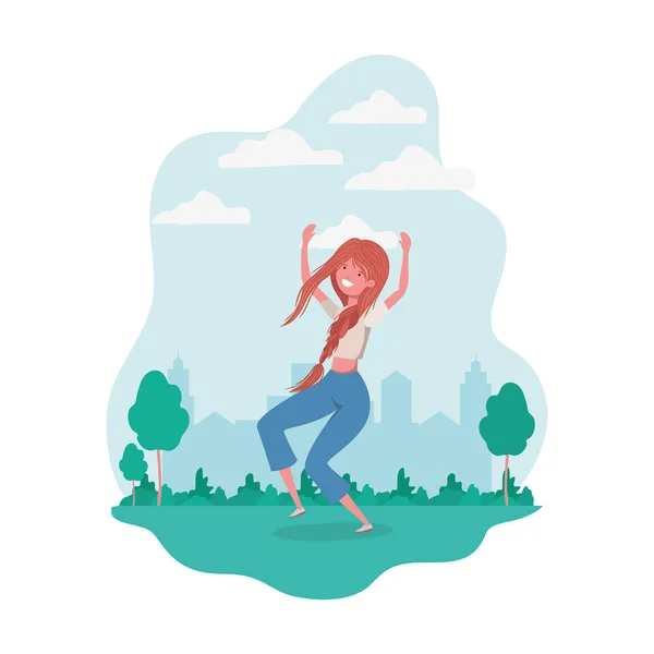 Bailando mujer en paisaje de fondo — Vector de stock