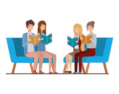 elinde kitap ile sandalyede oturan bir grup insan