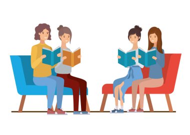elinde kitap ile sandalyede oturan bir grup insan
