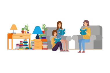 oturma odasında elinde kitap ile insanların grup