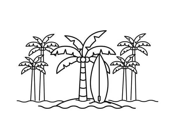 Силует пальмового дерева з дошкою для серфінгу на білому фоні — стоковий вектор