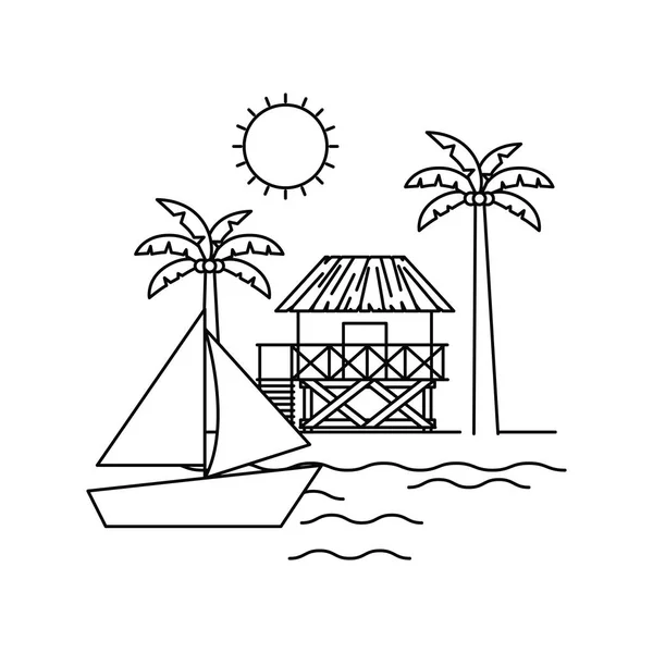 Silhueta de casa na praia com fundo branco — Vetor de Stock