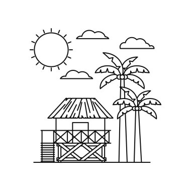 beyaz arka plan ile sahilde evin silueti