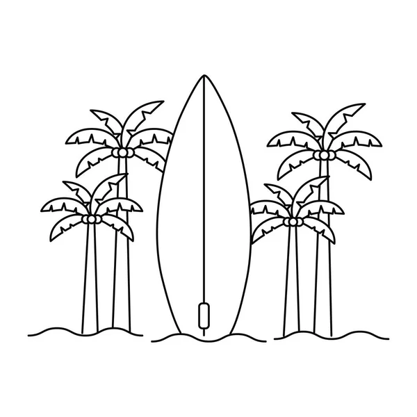 รูปแบบของต้นปาล์มที่มีกระดานโต้คลื่นในพื้นหลังสีขาว — ภาพเวกเตอร์สต็อก