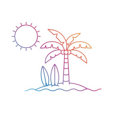 beyaz arka planda sörf tahtası ile palmiye ağacının silueti