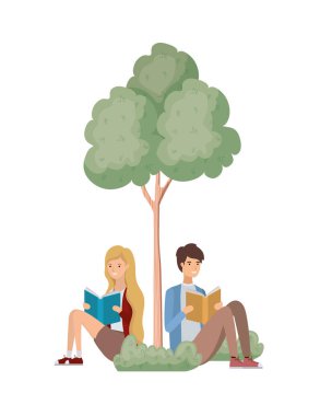 ağaçlar ve bitkiler ile peyzaj kitap ile oturan çift