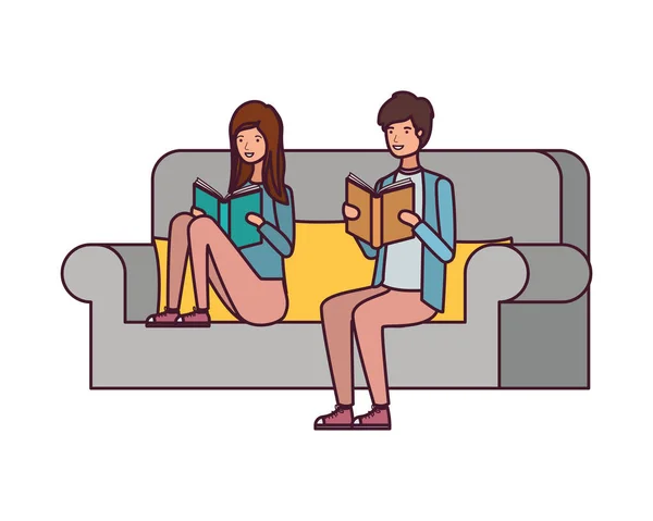 Casal sentado na cadeira com livro em mãos — Vetor de Stock