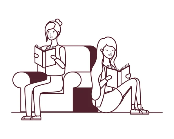 Kvinnor sitter på stol med bok i händerna — Stock vektor
