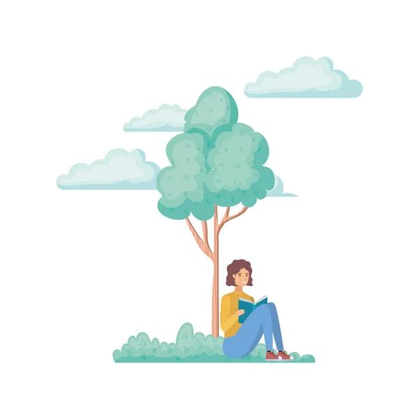 Mann sitzt mit Buch in Landschaft mit Bäumen und Pflanzen — Stockvektor