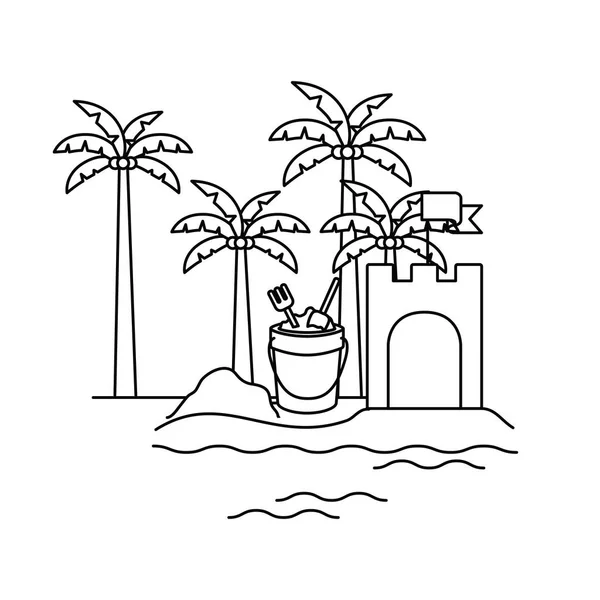 Silhuett av palmträd med kokos och sand hink — Stock vektor