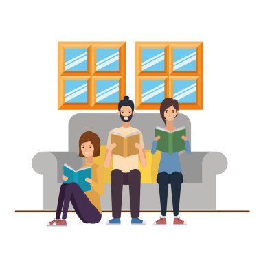 oturma odasında elinde kitap ile insanların grup