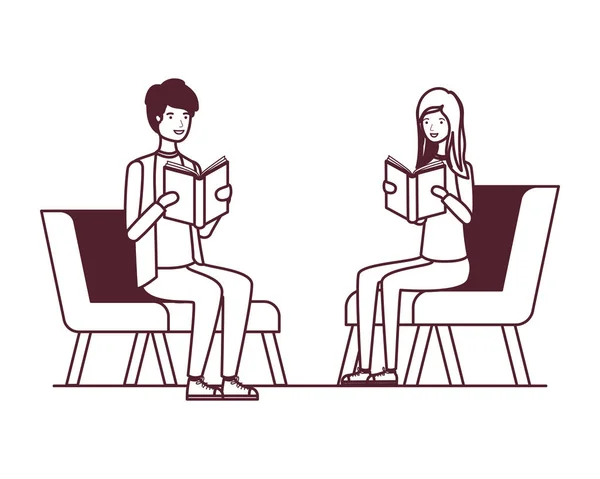 Coppia seduta su sedia con libro in mano — Vettoriale Stock