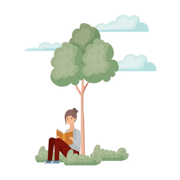 Woman sitting with book in landscape with trees and plants — Stock Vector