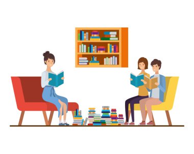 oturma odasında elinde kitap ile insanların grup