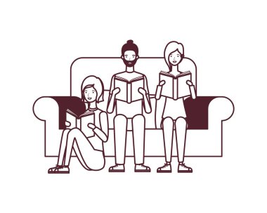 elinde kitap ile sandalyede oturan bir grup insan