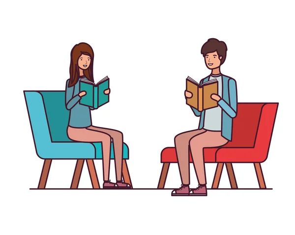 Par siddende på stol med bog i hænder – Stock-vektor