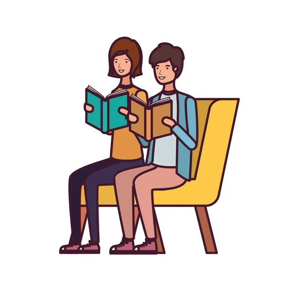 Ζευγάρι κάθεται στην καρέκλα με το βιβλίο στα χέρια — Διανυσματικό Αρχείο
