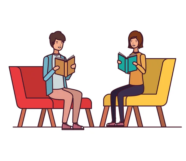Couple sitting on chair with book in hands — Stock Vector