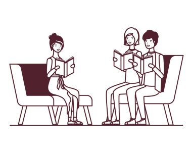 elinde kitap ile sandalyede oturan bir grup insan