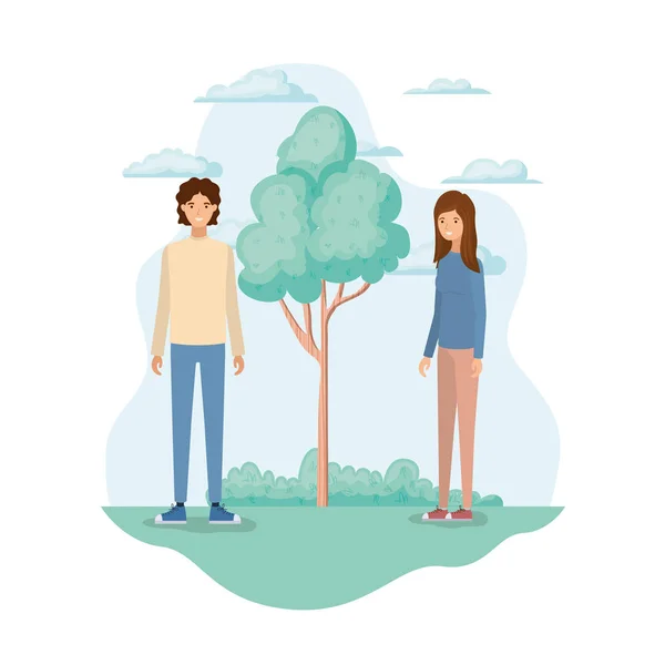 Junges Paar in einer Landschaft mit Bäumen und Pflanzen — Stockvektor