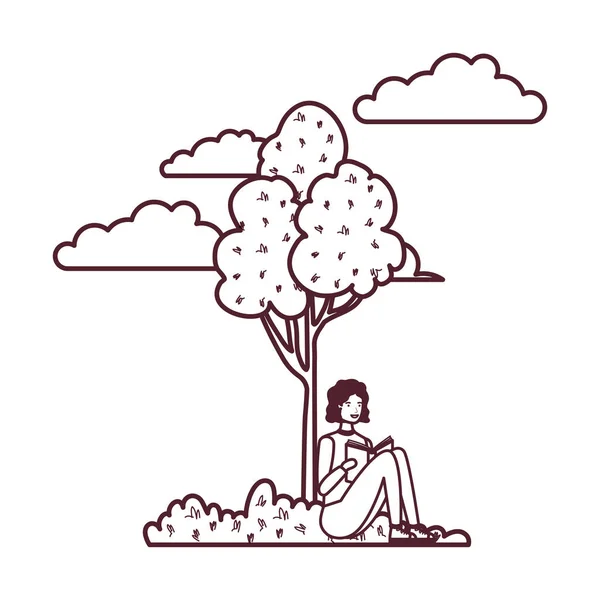 Homme assis avec livre dans le paysage avec des arbres et des plantes — Image vectorielle