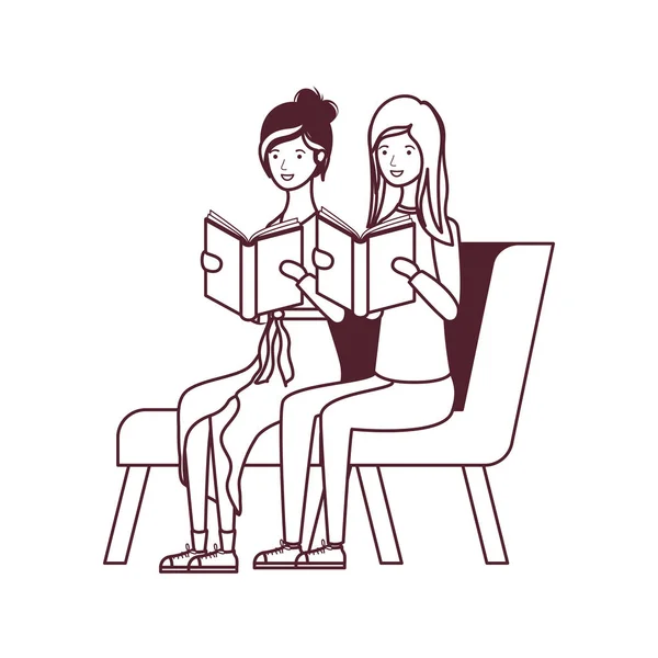 Mujeres sentadas en silla con libro en las manos — Vector de stock