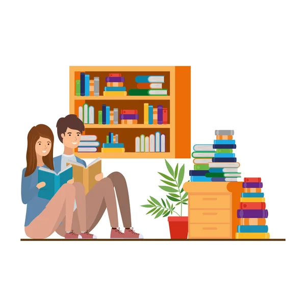 Paar mit Buch in der Hand im Wohnzimmer — Stockvektor