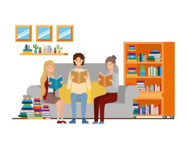 oturma odasında elinde kitap ile insanların grup