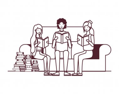 elinde kitap ile sandalyede oturan bir grup insan