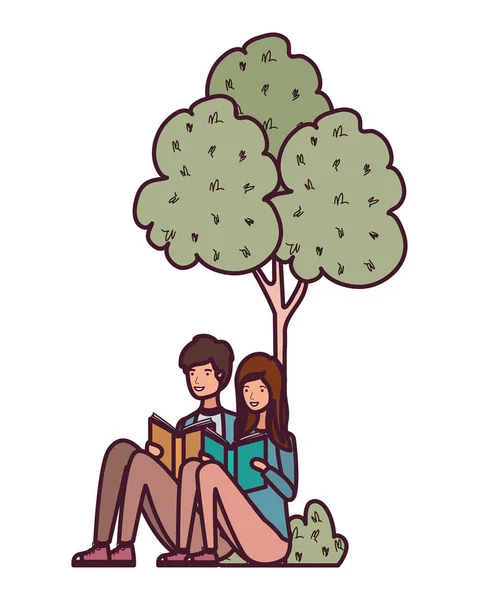 Pareja sentada con libro en paisaje con árboles y plantas — Vector de stock