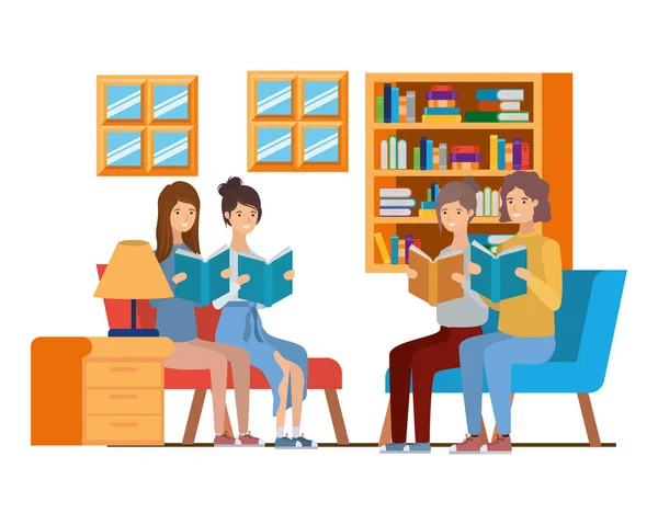 Gruppe von Menschen mit Buch in der Hand im Wohnzimmer — Stockvektor