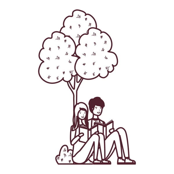 Pareja sentada con libro en paisaje con árboles y plantas — Vector de stock