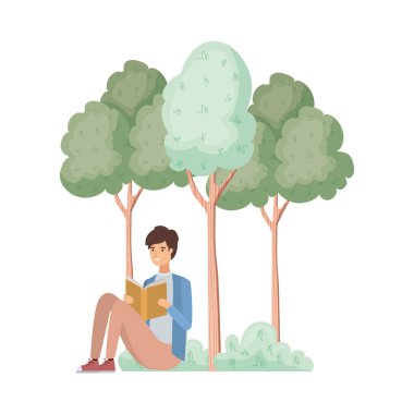 adam ağaçlar ve bitkiler ile peyzaj kitap ile oturan