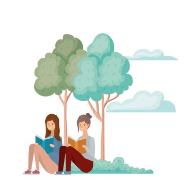 Kadınlar kitaplarıyla birlikte ağaçlar ve bitkilerle manzarada oturuyorlar.