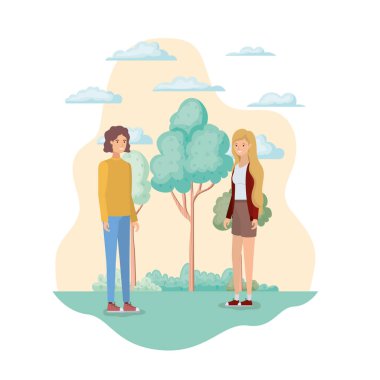 Ağaçları ve bitkileri olan genç bir çift.